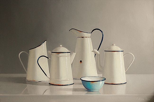 Peter Dee - Vintage White Enamelware with Blue Bowl
